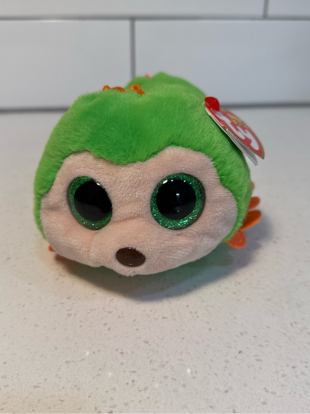 Ty Green and Beige Plush Hedgehog with Glittery Green Eyes